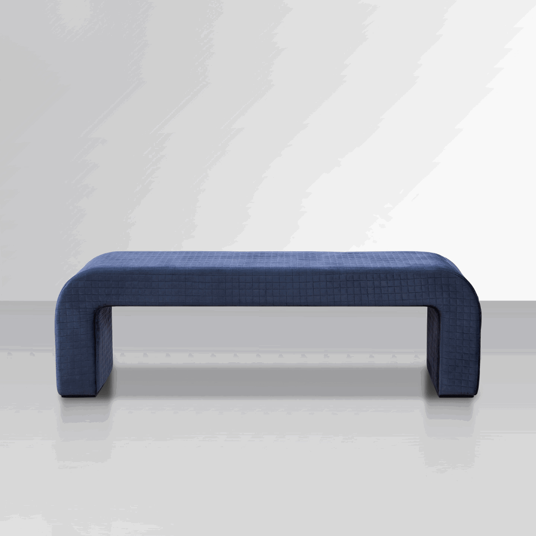 Arch Bench Ottoman with Quilted Pattern - Premium Blue Velvet - BUBULAND HOME