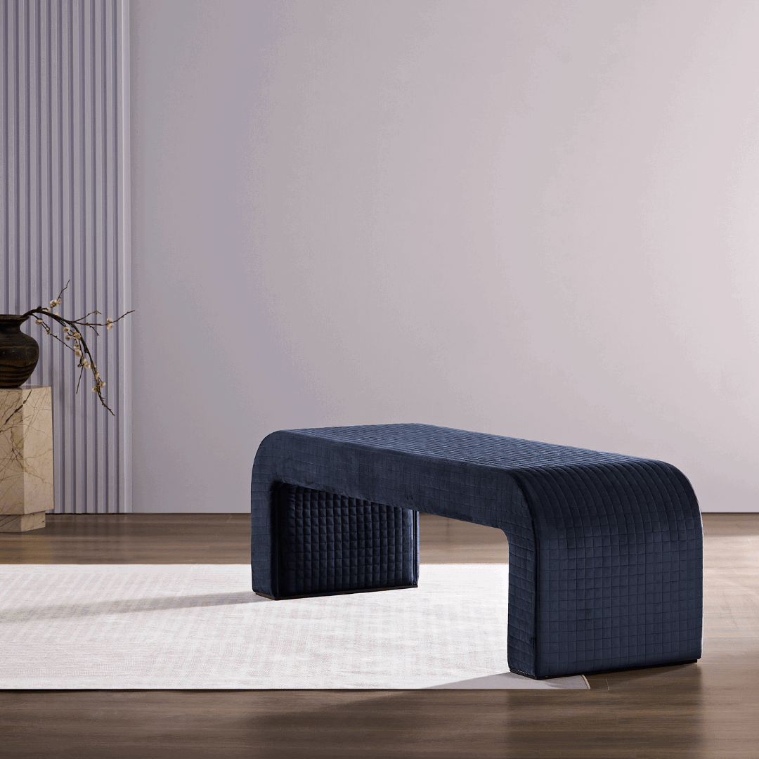 Arch Bench Ottoman with Quilted Pattern - Premium Blue Velvet - BUBULAND HOME