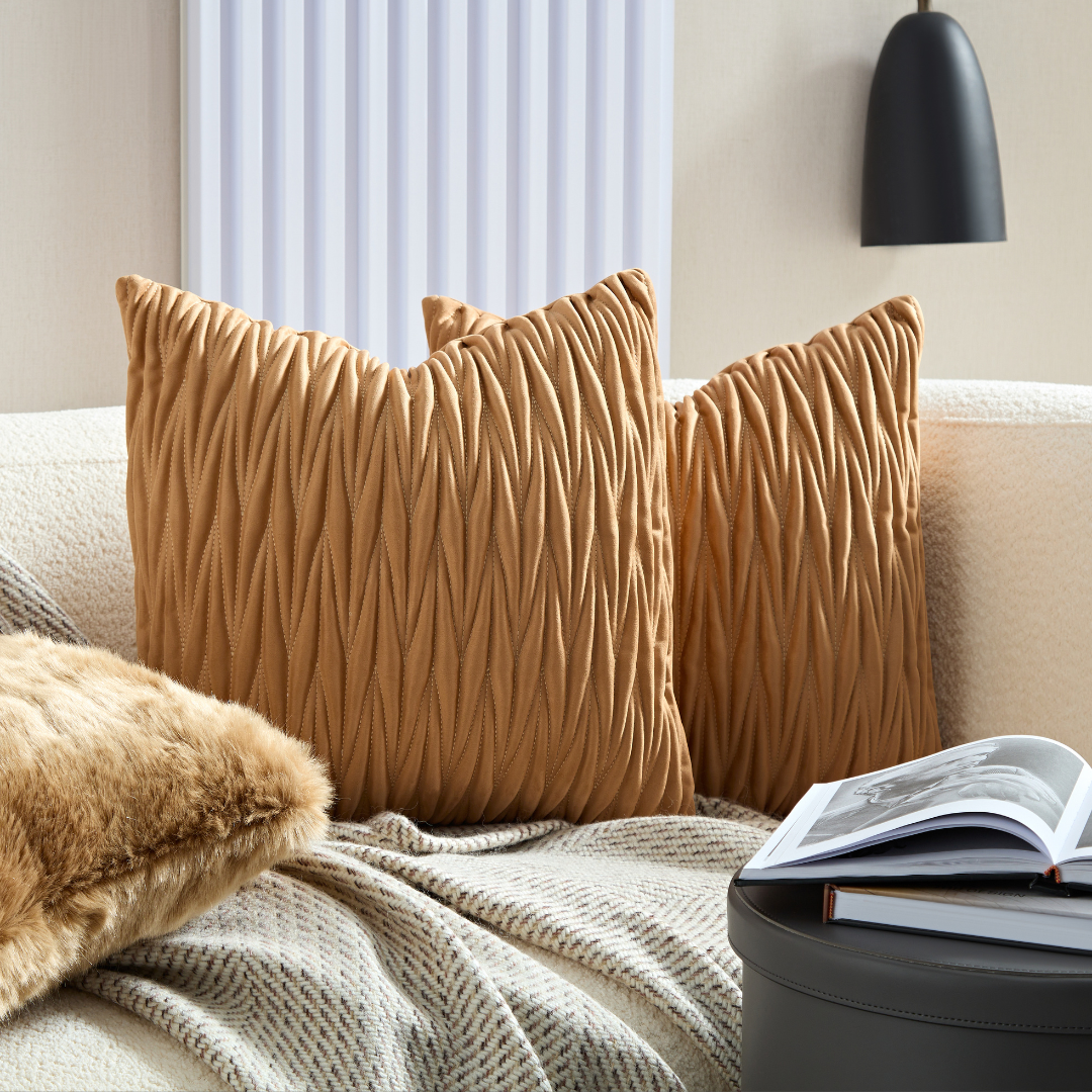 Barry Caramel Suede Cushion with Pinched Plate - Square - BUBULAND HOME