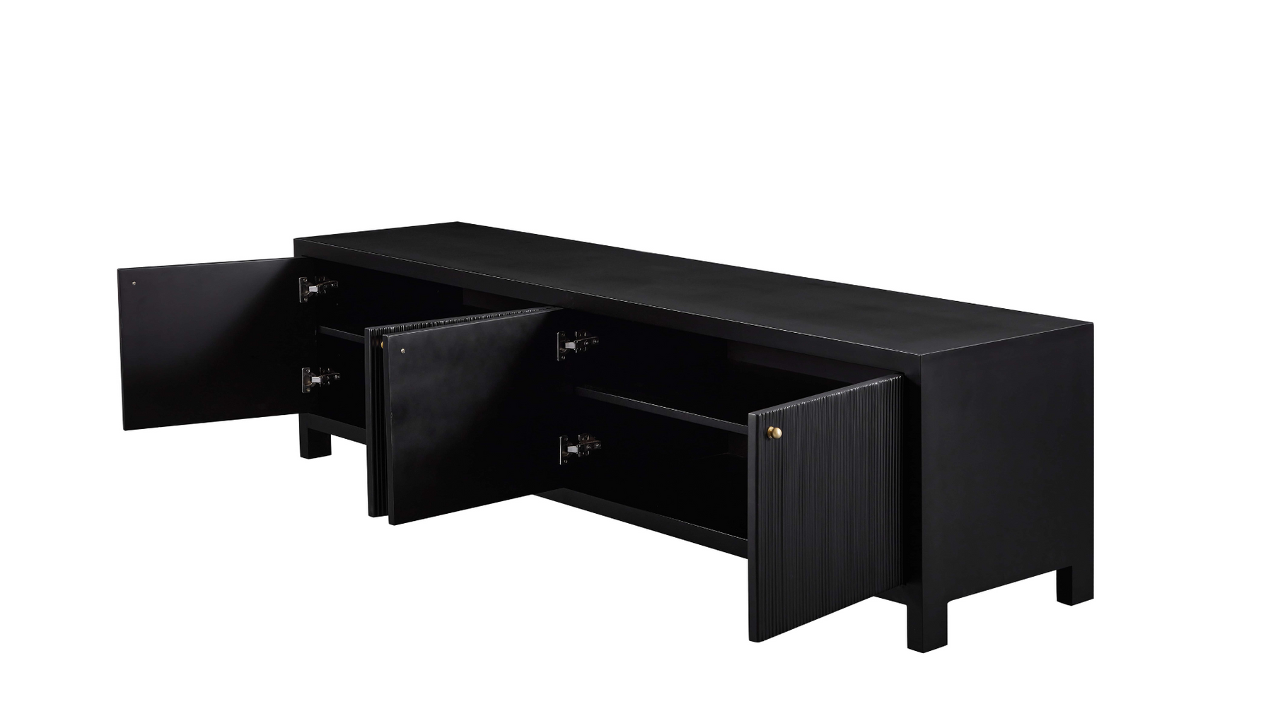 Bentley Ridge Entertainment Unit - Black Open Compartments in Angled Side View in White Background
