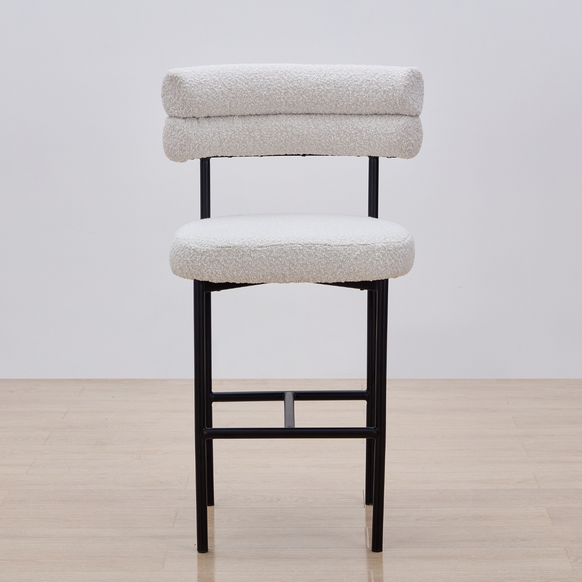 Cassandra Barstool Premium Ivory Boucle Front View in Timber Floor Room