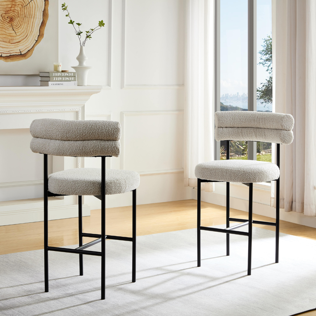 Cassandra Barstool Premium Ivory Boucle Back and Angled Side View in Room Setting