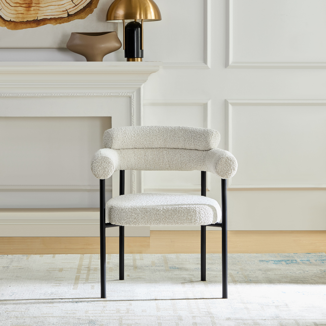 Cassandra Dining Chair Premium Ivory Boucle - Front View in Room Setting