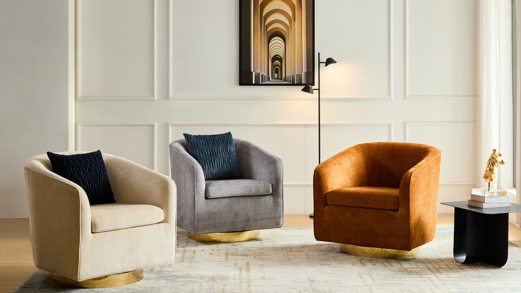Charlotte Tub Swivel Armchair Grey, Ivory and Copper Front On View in a Room Setting