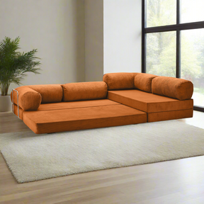 Belle Convertible L-Shaped Modular Sofa Bed - Burnt Orange Corduroy