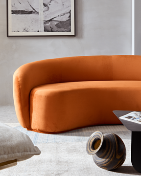 Curvo 3 Seater Velvet Sofa - Burnt Orange on Front Half Side View in Room Setting