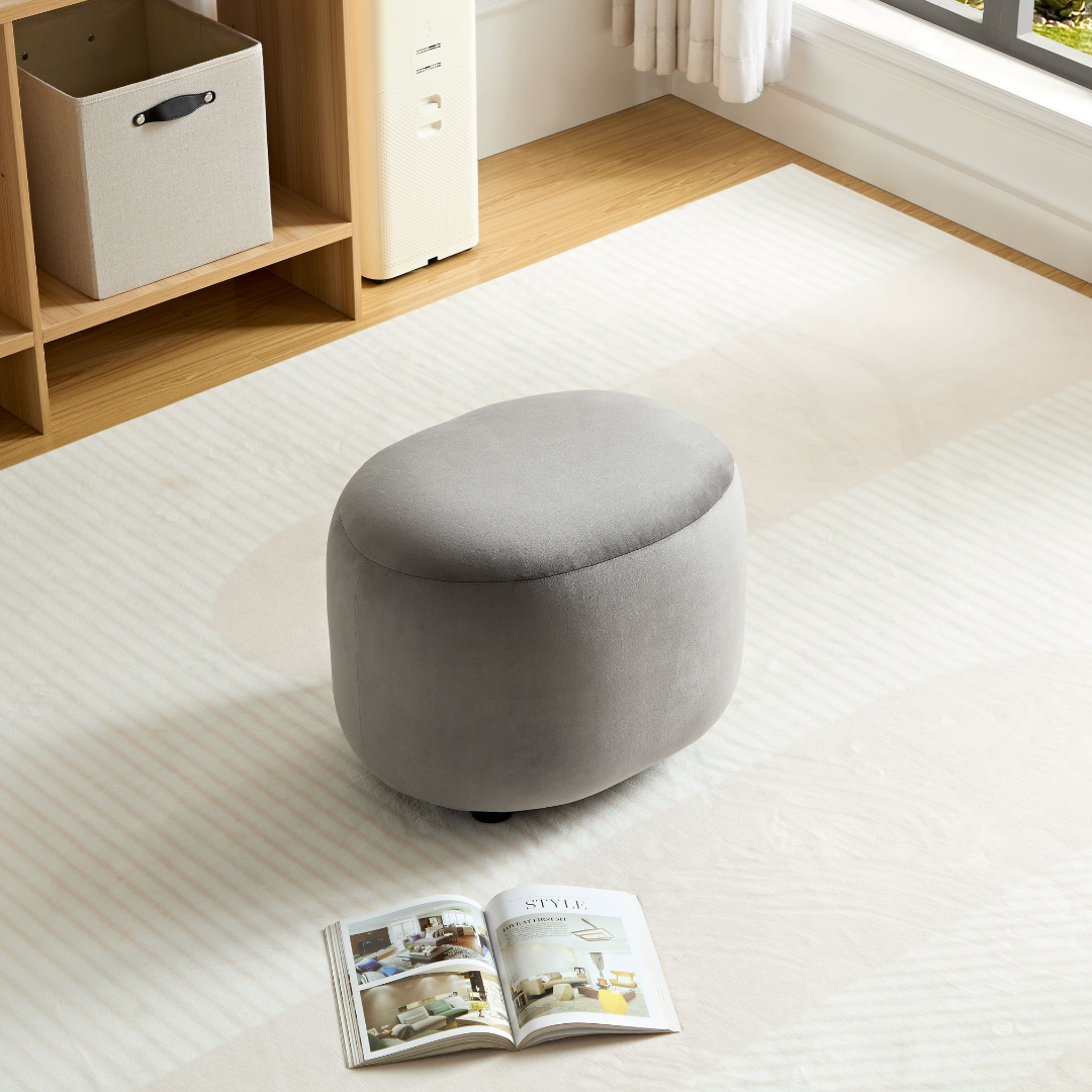 Curvo Velvet Oval Ottoman - Grey on Angled Top  View in Room Setting