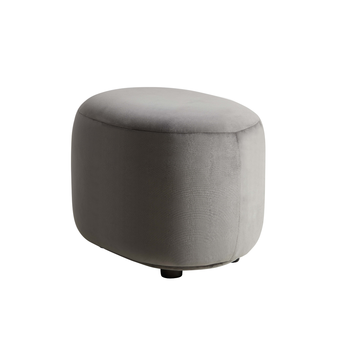 Curvo Velvet Oval Ottoman - Grey on Angled View in  White Background