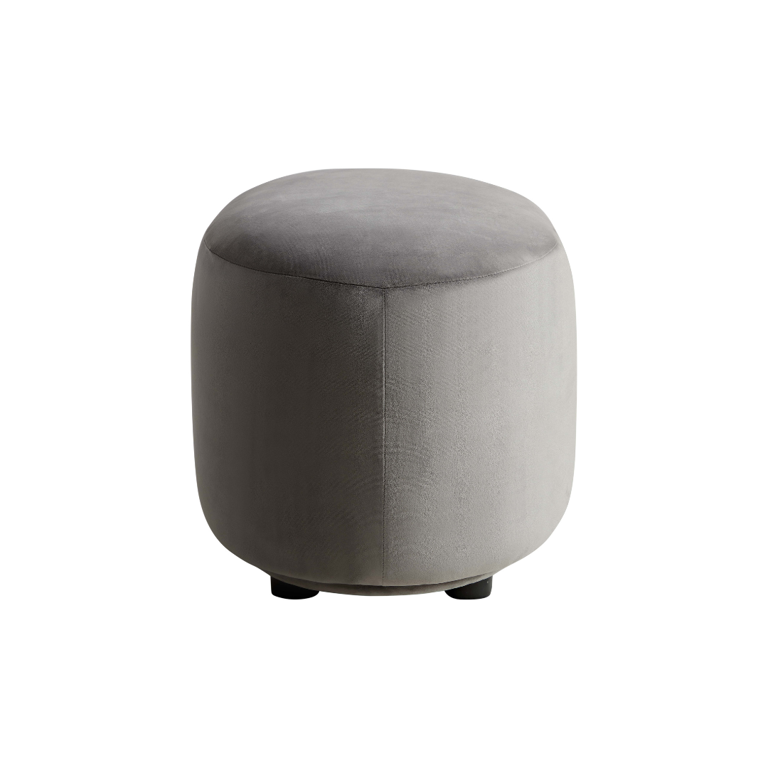 Curvo Velvet Oval Ottoman - Grey on Front View in White Background