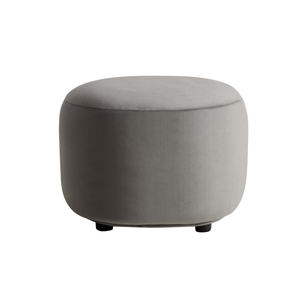 Curvo Velvet Oval Ottoman - Grey on Front  View in White Background