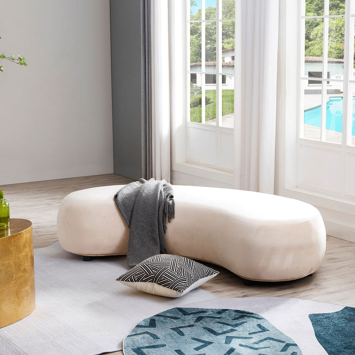 Curvo Velvet Curved Long Ottoman - Shell BUBULAND HOME