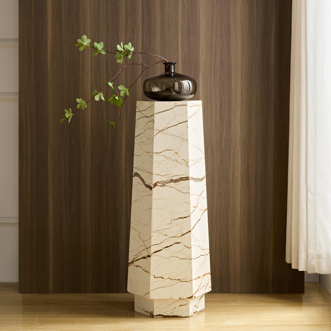 Elliot Hexagonal Marble Plinth - Brown Vein - Tall - BUBULAND HOME