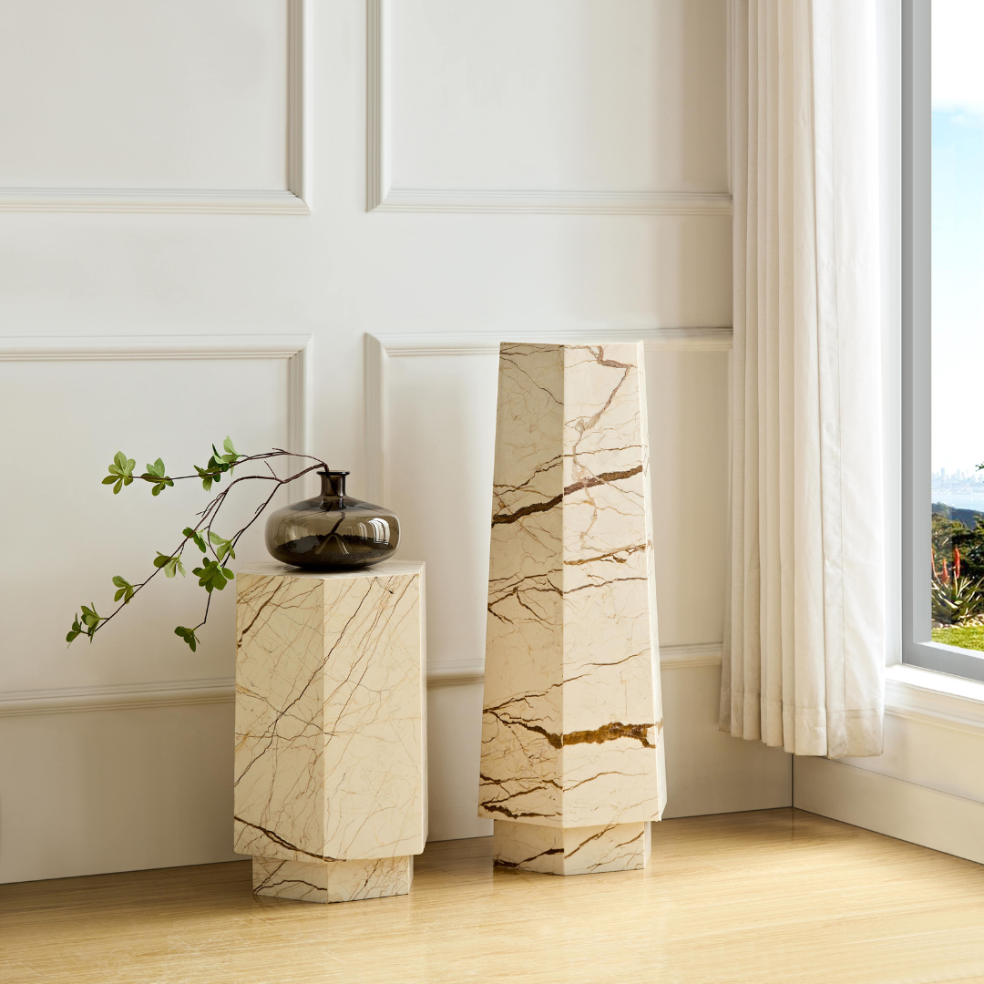 Elliot Hexagonal Marble Plinth - Brown Vein - Tall - BUBULAND HOME