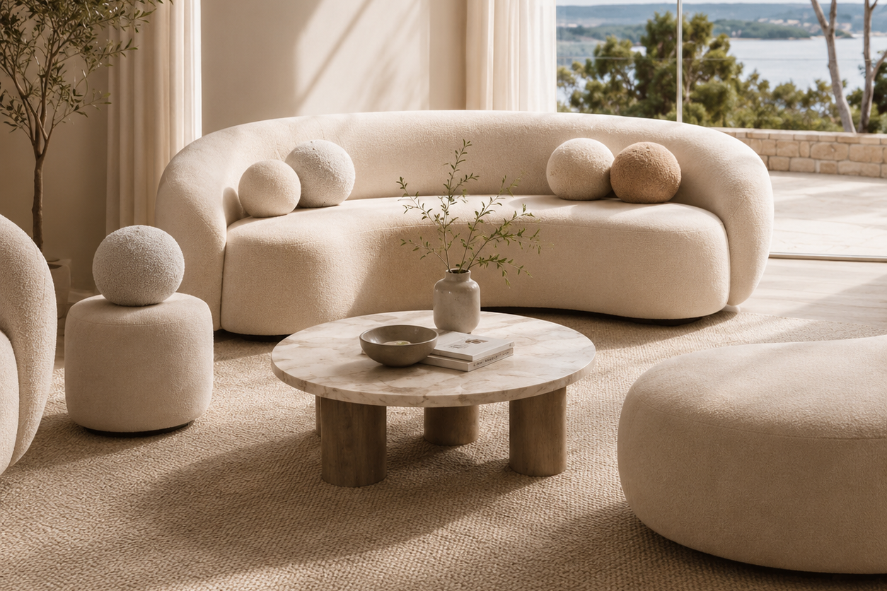 A modern curved cream bouclé sofa in a sunlit minimalist living room, styled with matching round poufs, a marble-top coffee table, and a large window overlooking water and trees.