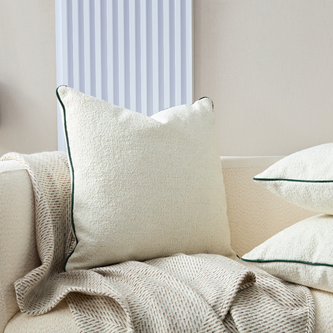 Flex Cream Premium Fabric Cushion with Green Piping - Square - BUBULAND HOME