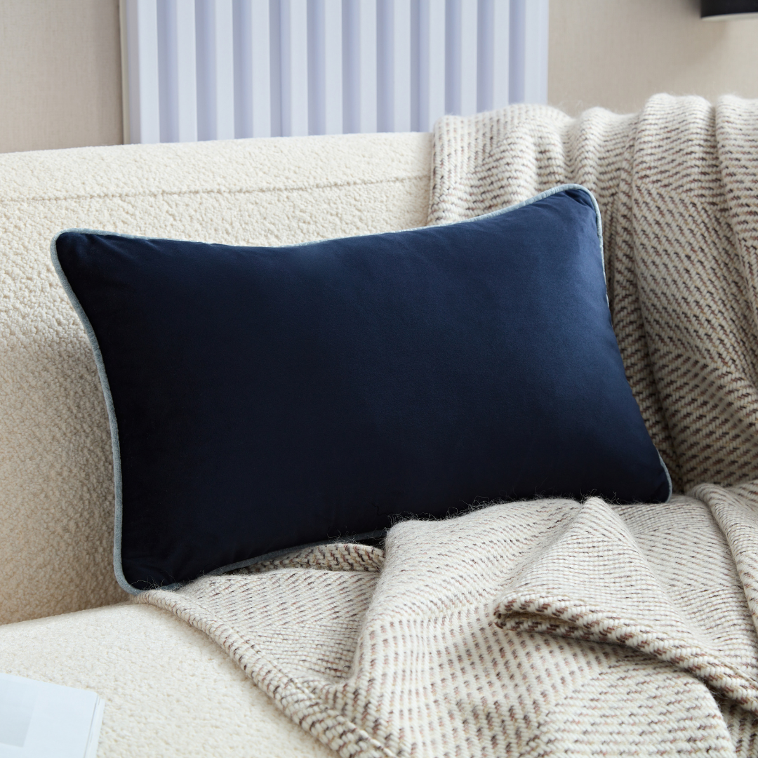 Flex Dark Blue Premium Velvet Cushion with Light Blue Piping - Rectangle - BUBULAND HOME