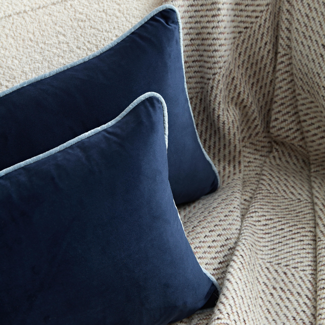 Flex Dark Blue Premium Velvet Cushion with Light Blue Piping - Rectangle - BUBULAND HOME