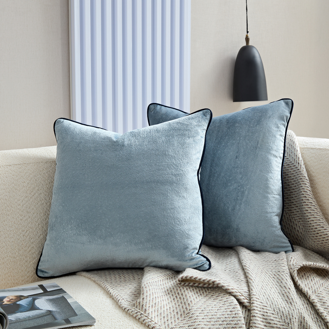 Flex Light Blue Premium Patterned Fabric Cushion with Navy Piping - Square BUBULAND HOME