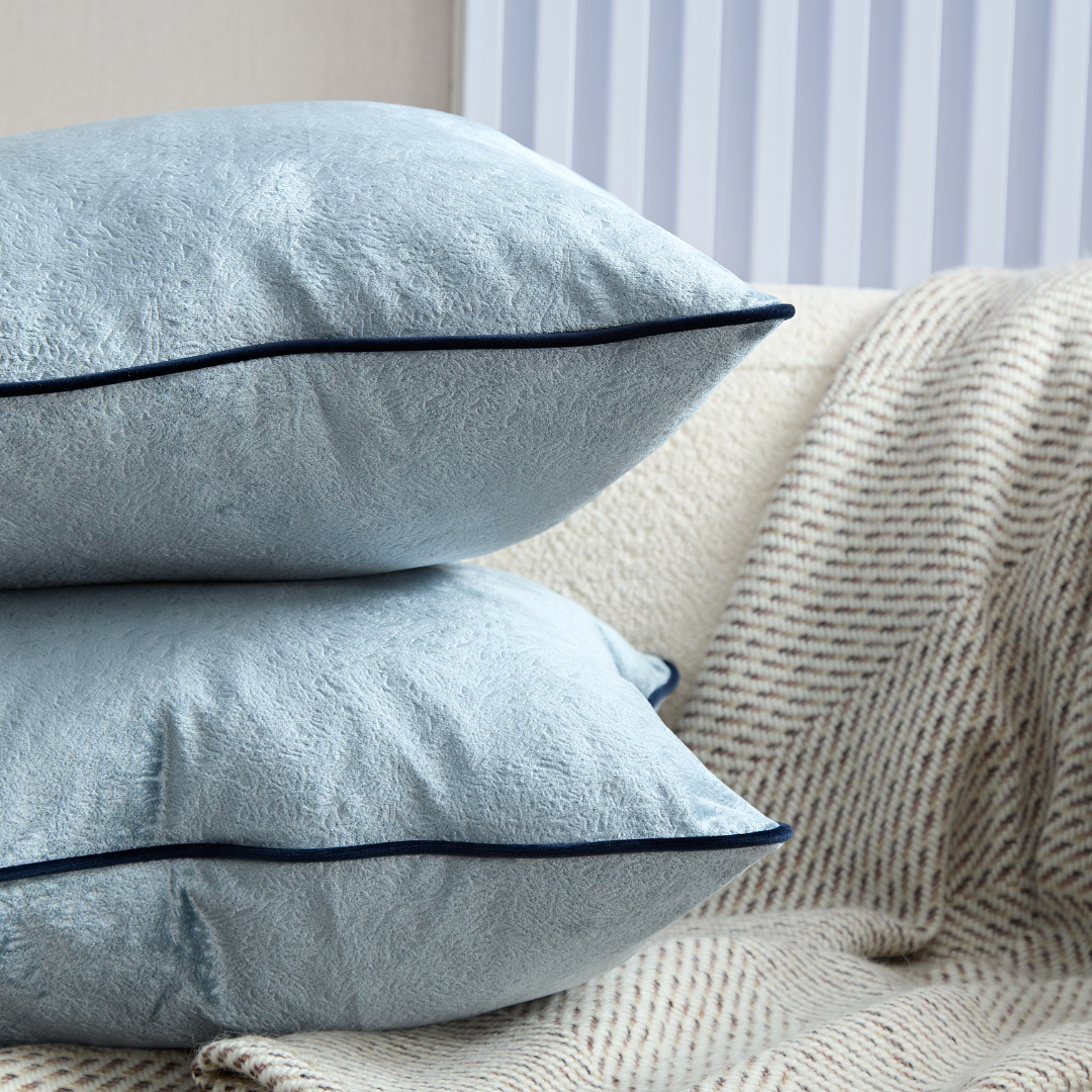 Flex Light Blue Premium Patterned Fabric Cushion with Navy Piping - Square BUBULAND HOME