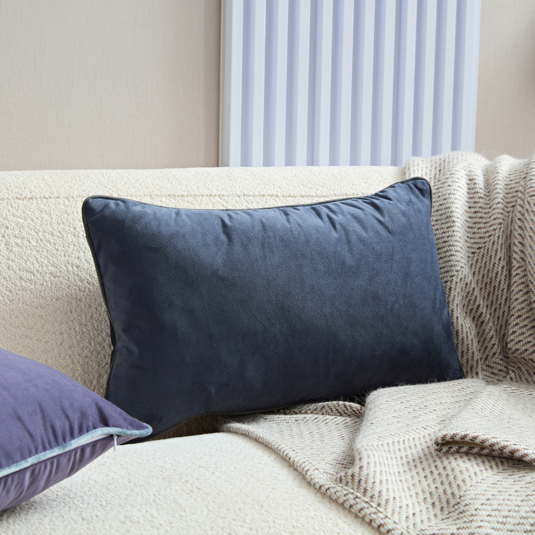 Flex Navy Premium Velvet Cushion with Grey Piping - Rectangle - BUBULAND HOME