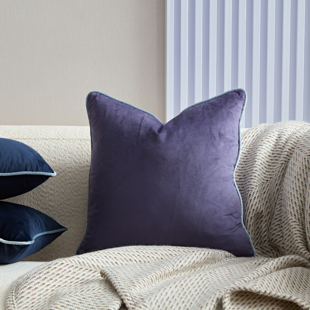 Flex Purple Premium Velvet Cushion with Light Blue Piping - Square - BUBULAND HOME