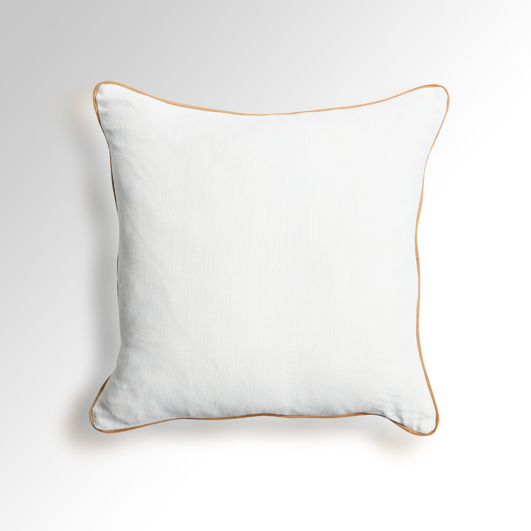 Flex White Premium Linen Cushion with Caramel Piping - Square - BUBULAND HOME