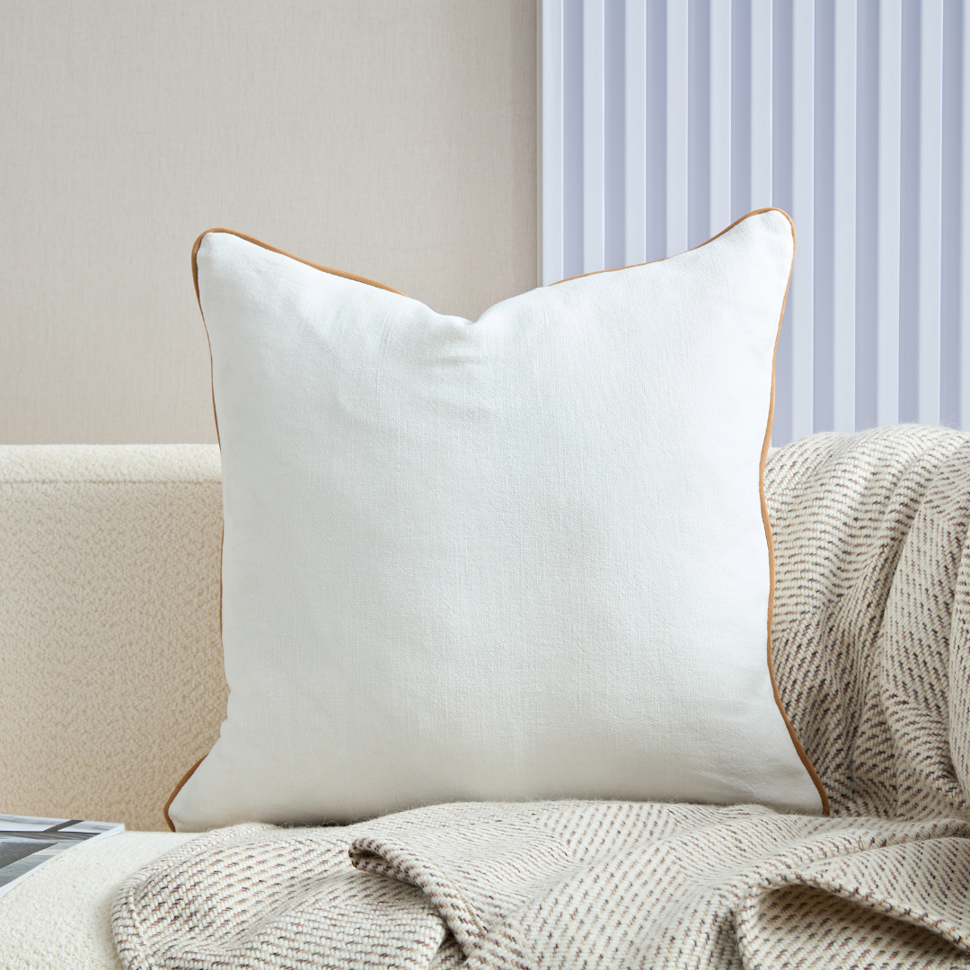 Flex White Premium Linen Cushion with Caramel Piping - Square - BUBULAND HOME