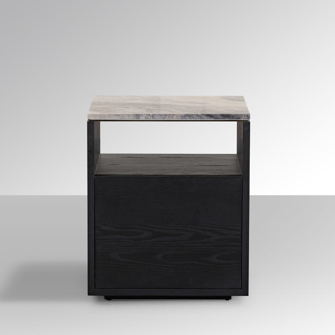 Marro Black Timber Side Table with Brown/Grey Marble Top - BUBULAND HOME