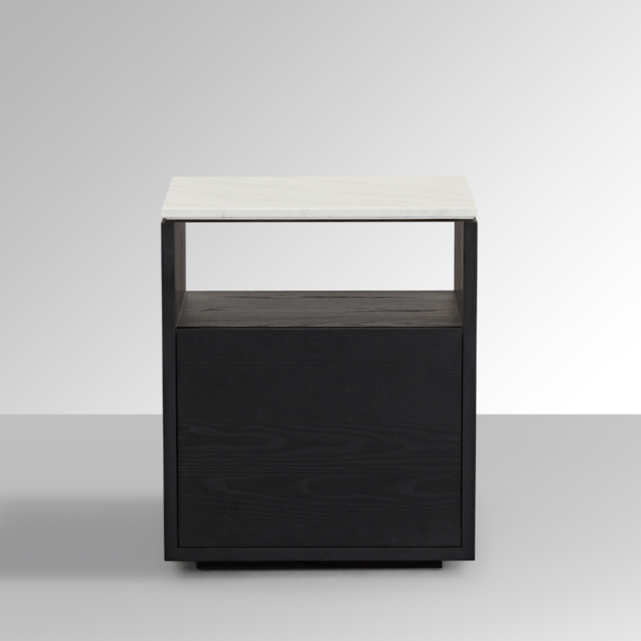 Marro Black Timber Side Table with White/Grey Marble Top - BUBULAND HOME