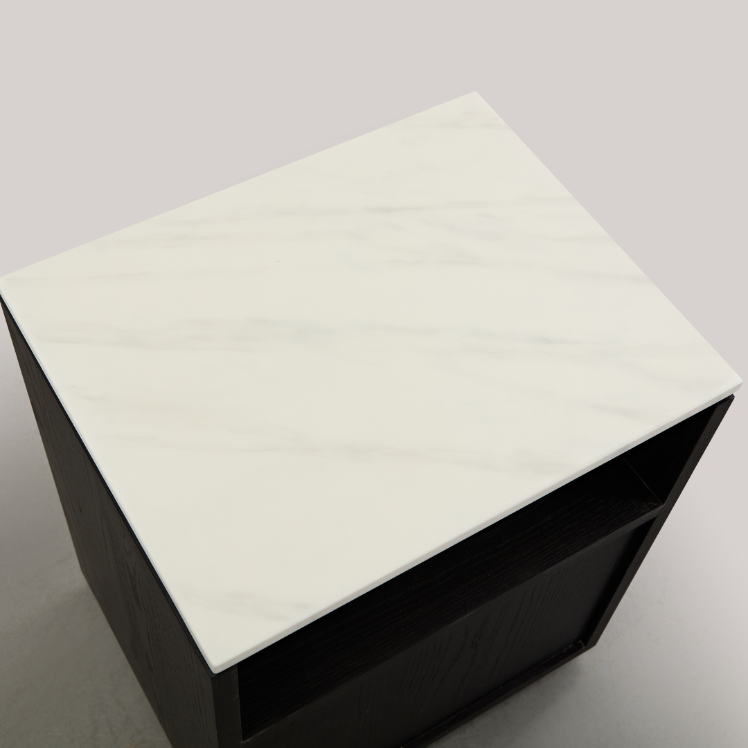 Marro Black Timber Side Table with White/Grey Marble Top - BUBULAND HOME