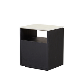 Marro Black Timber Side Table with White/Grey Marble Top - BUBULAND HOME