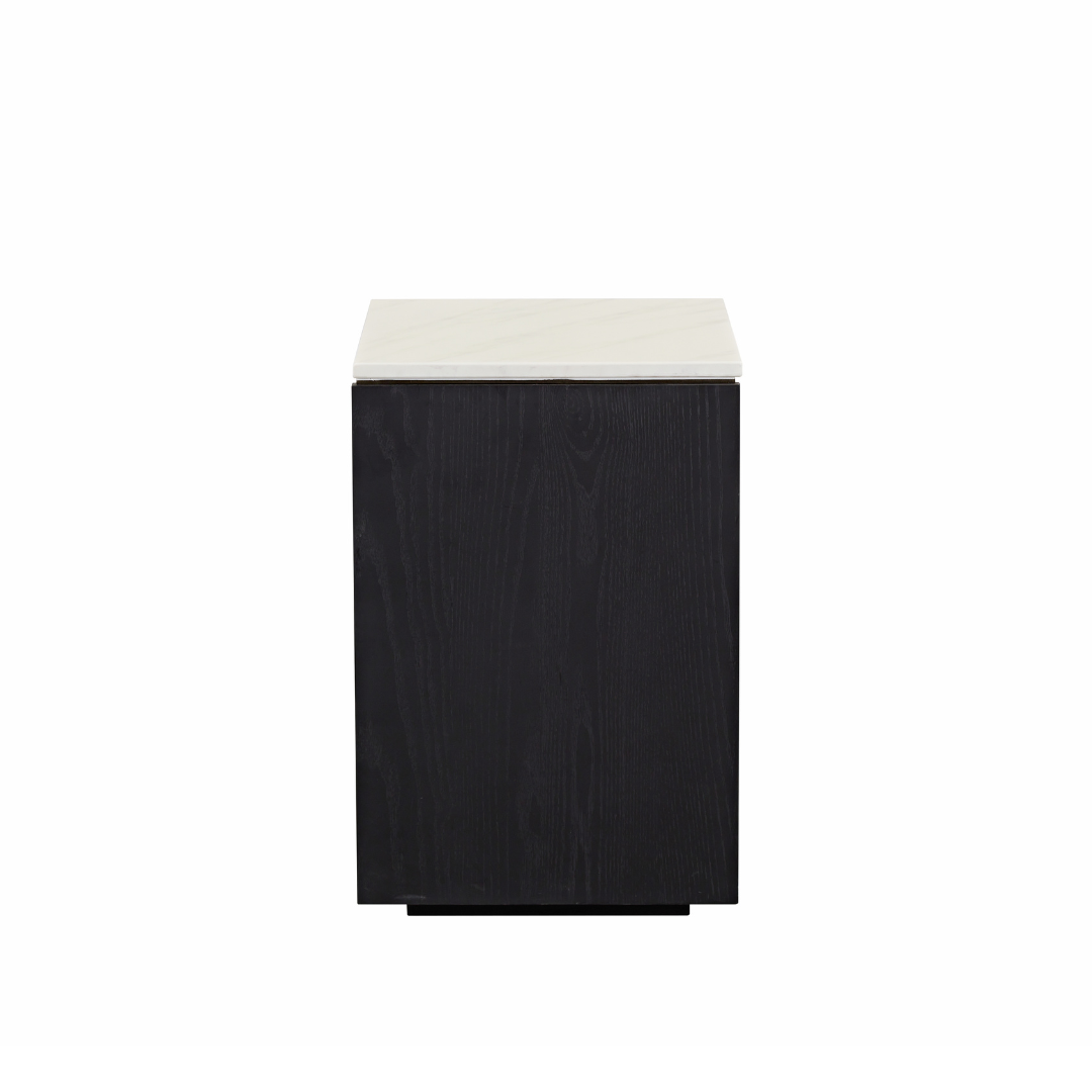 Marro Black Timber Side Table with White/Grey Marble Top - BUBULAND HOME