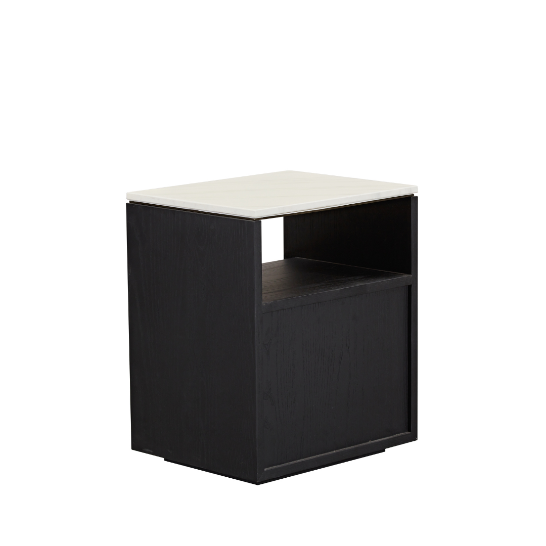 Marro Black Timber Side Table with White/Grey Marble Top - BUBULAND HOME