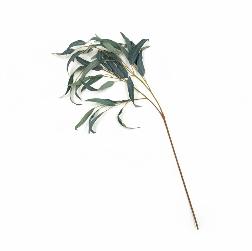 Green leafy branch on a white cushion with a wooden floor background