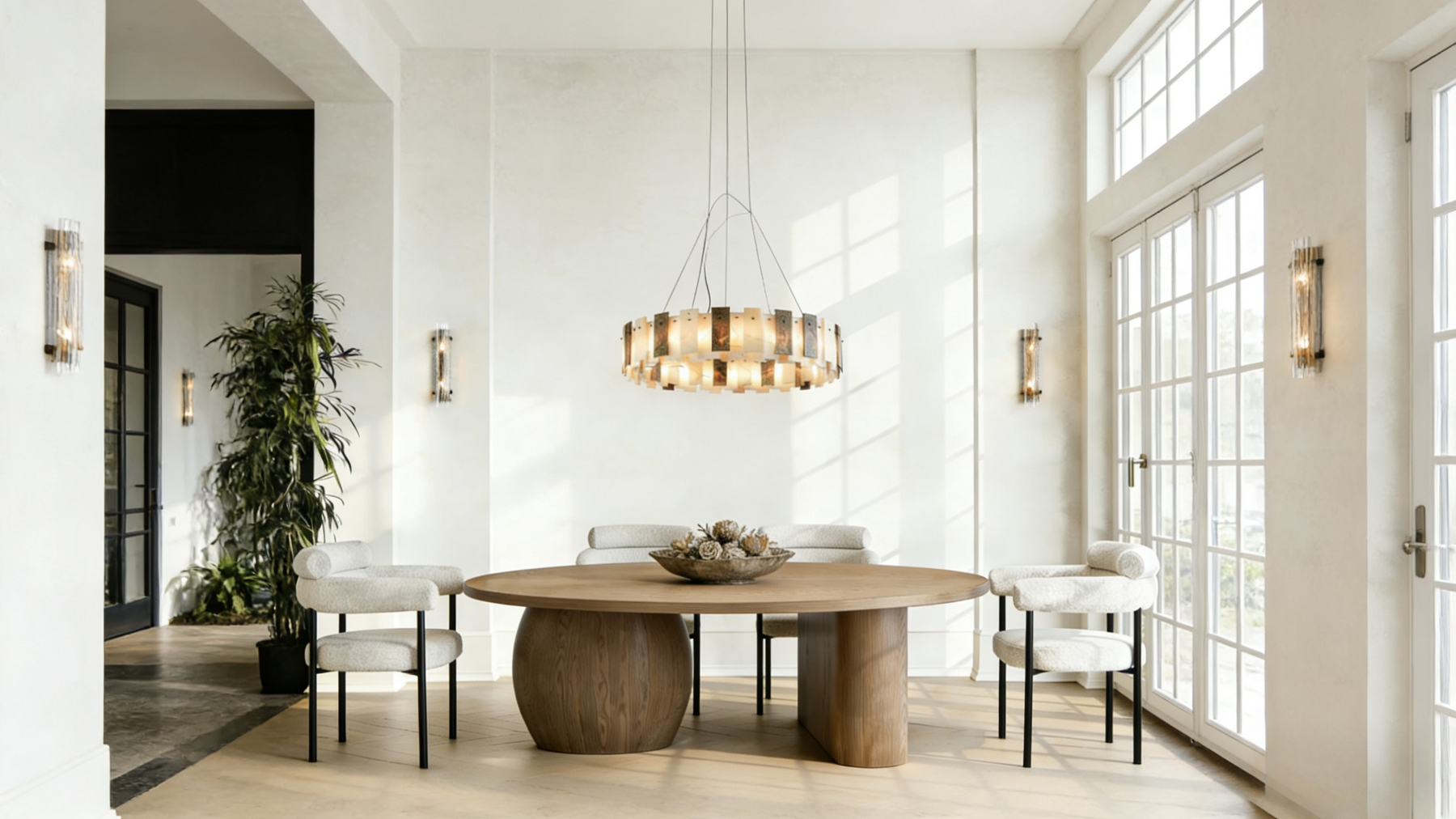 Modern dining room with wooden table and chairs near large windows.