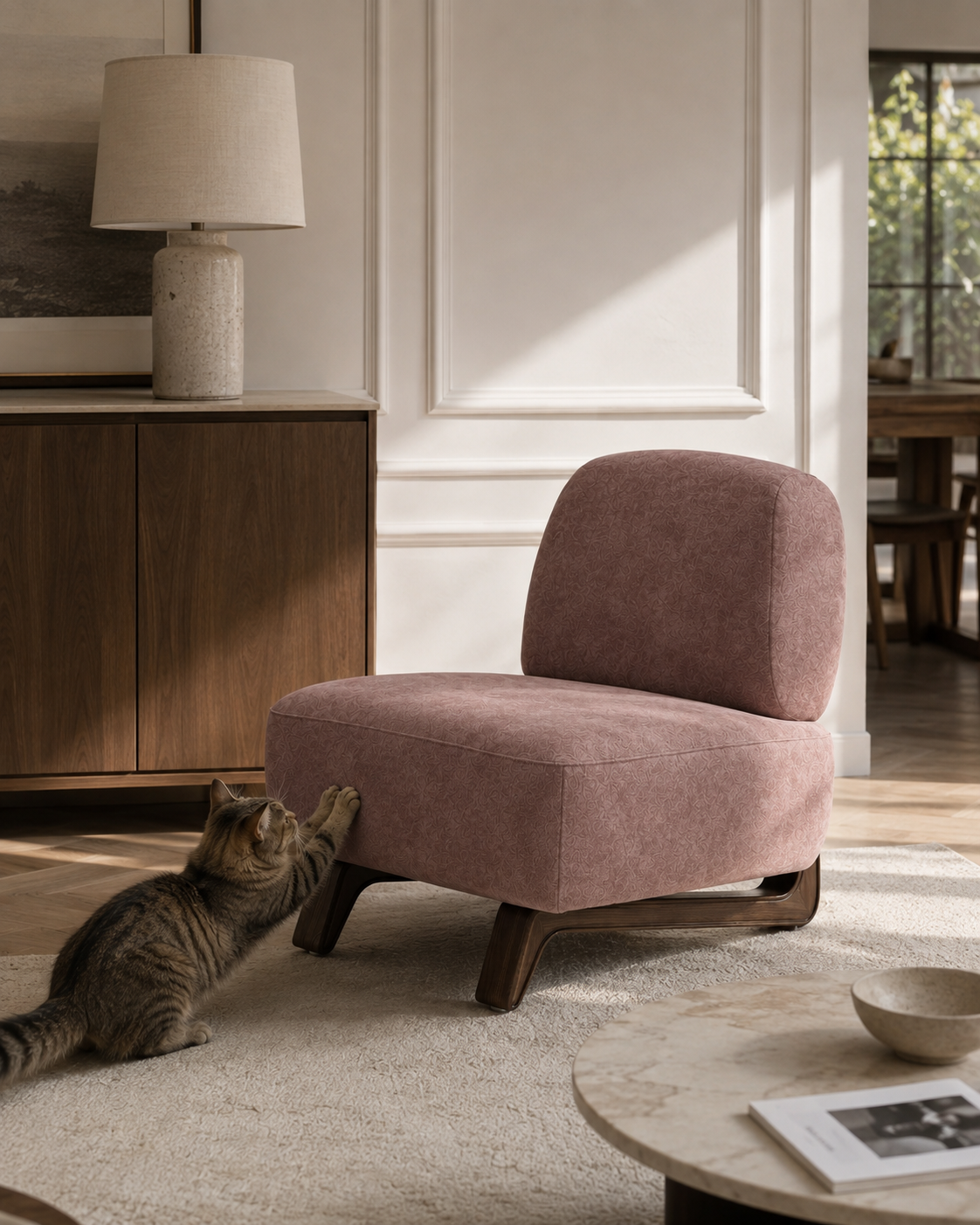 A dusty rose upholstered accent chair with dark wooden legs in a modern living room setting, with a tabby cat stretching towards it on a light beige rug.