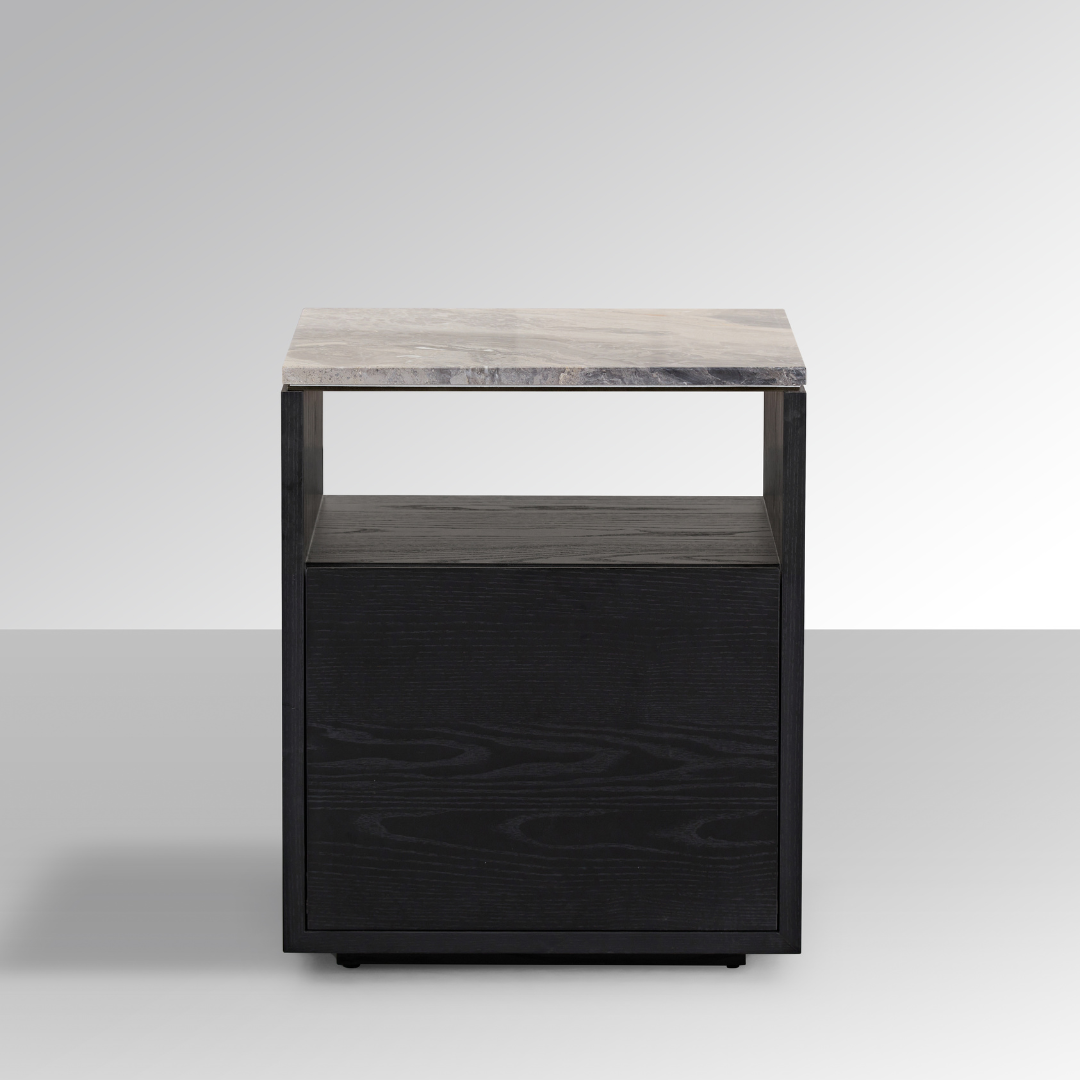 Marro Black Timber Side Table with Brown/Grey Marble Top BUBULAND HOME