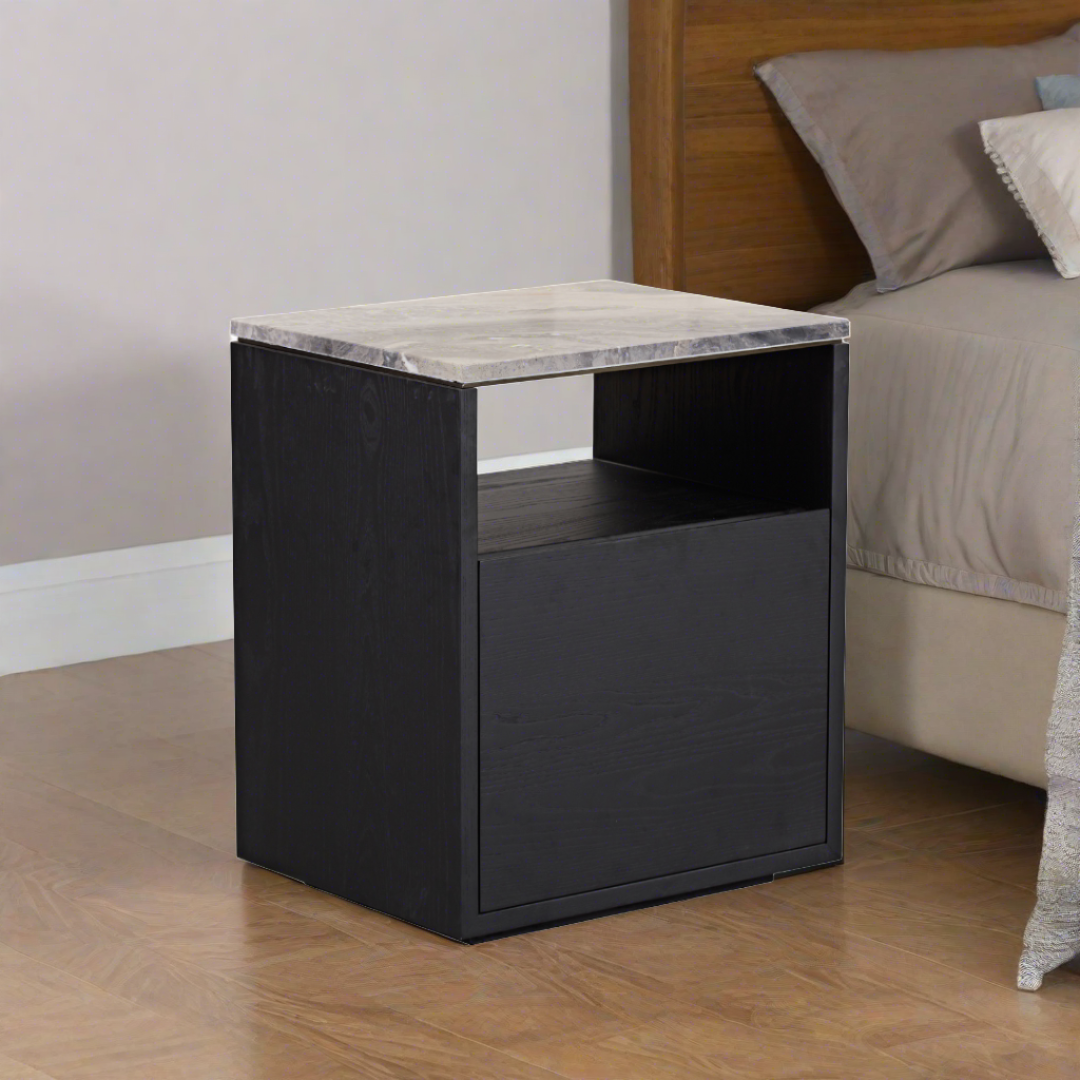 Marro Black Timber Side Table with Brown/Grey Marble Top BUBULAND HOME