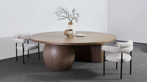 Orb Timber Dining Table with 2 Cassandra Ivory Boucle Dining Chairs Side View in a Room Setting