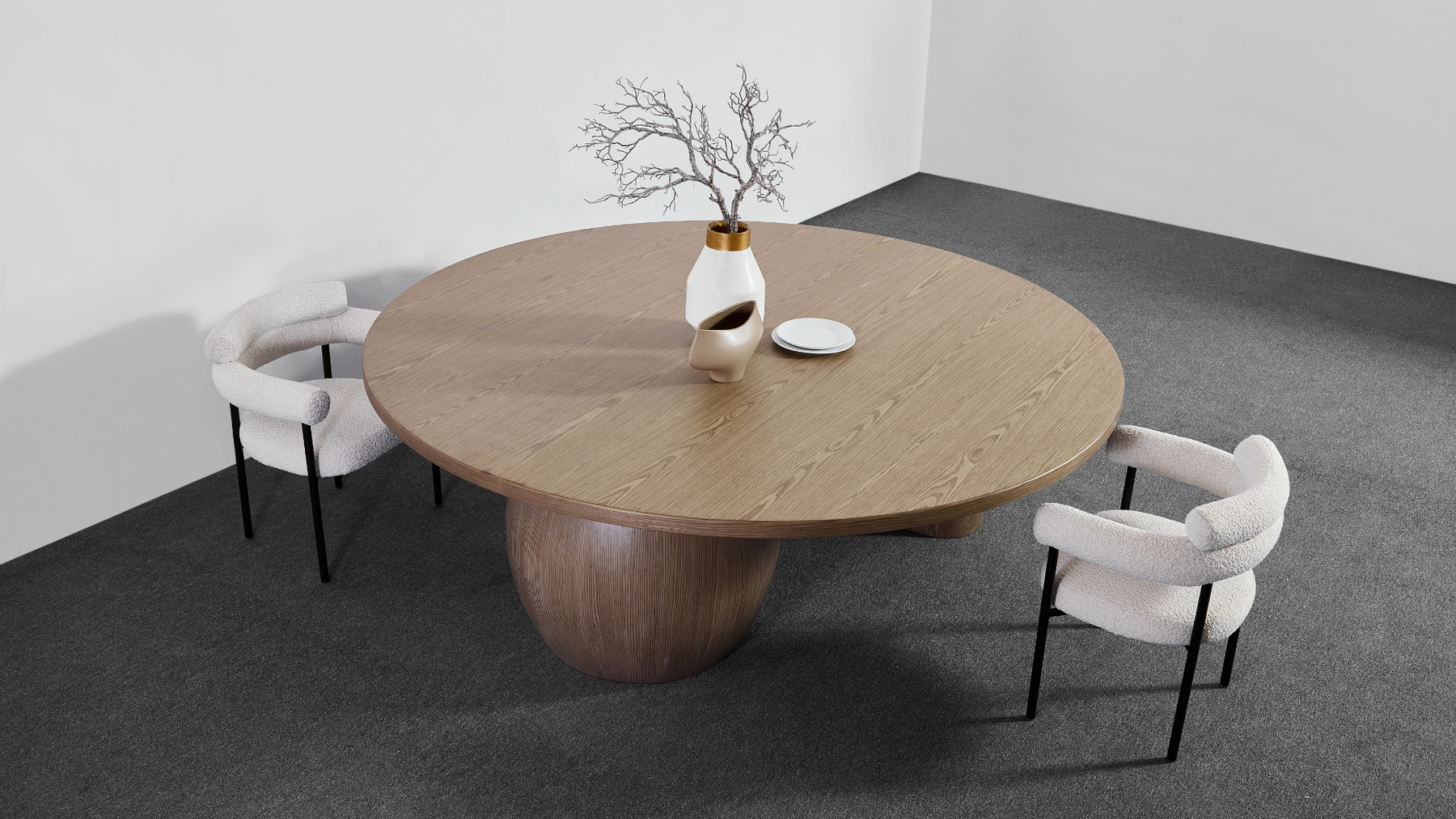 Orb Timber Dining Table with 2 Cassandra Ivory Boucle Dining Chairs Top View in a Room Setting