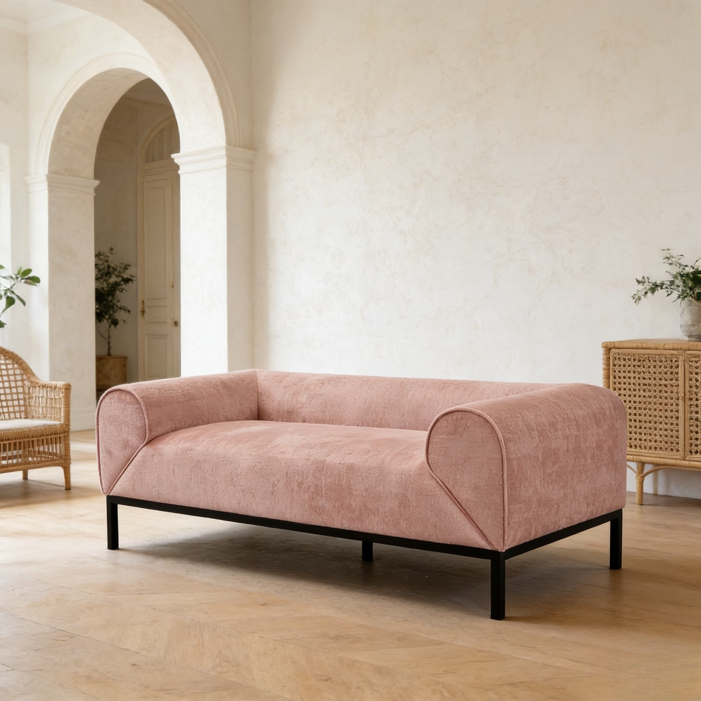 Pink sofa in a room with white walls and wooden floors