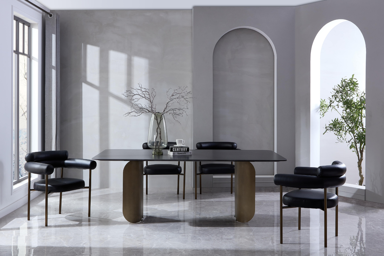 Pierre Sintered Stone & Brass Dining Table - Grey & Brass BUBULAND HOME