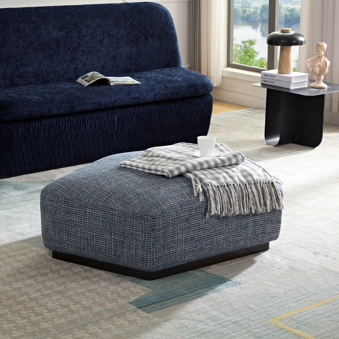 Seastar Ottoman - Blue on Angled Side View in Room Setting