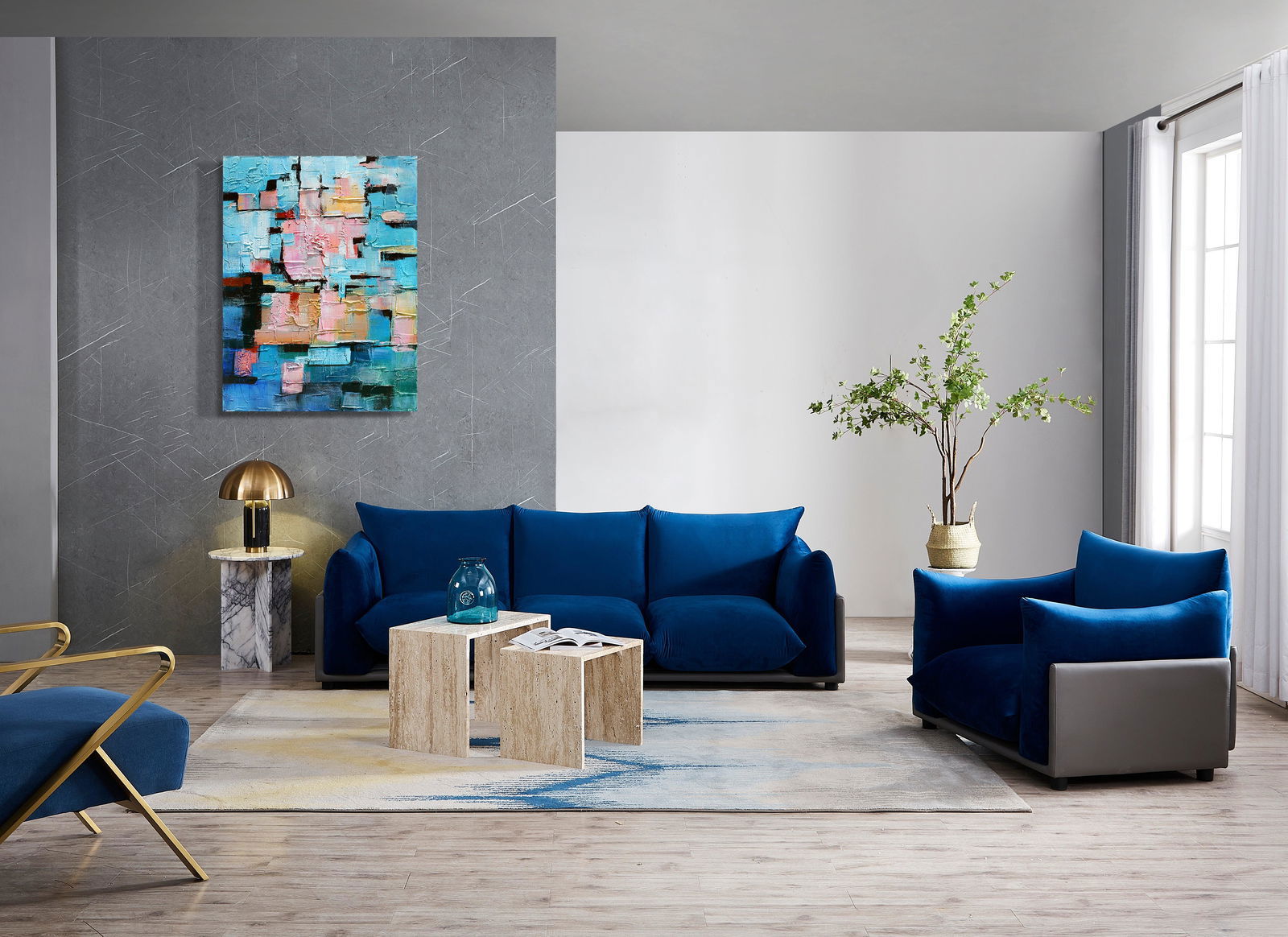 The Puff 3 Seater Velvet Sofa - Blue BUBULAND HOME