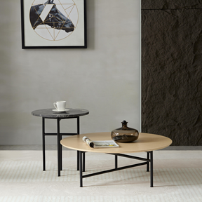 Verona Marble Coffee Table - Charcoal Round and Verona Timber Coffee Table - White Wash Roundon Angled Top View  in Room Setting