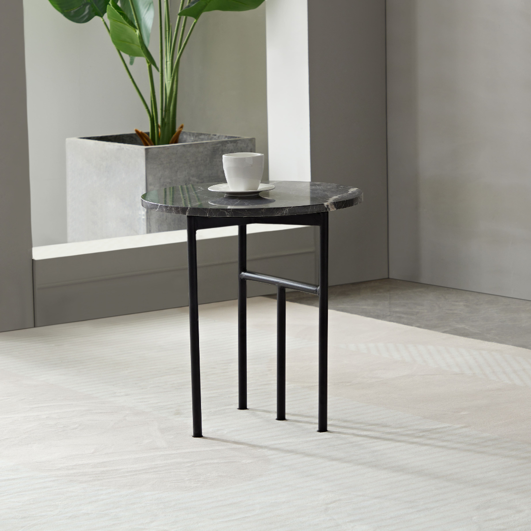 Verona Marble Coffee Table - Charcoal Roundon Angled Side View in Room Setting