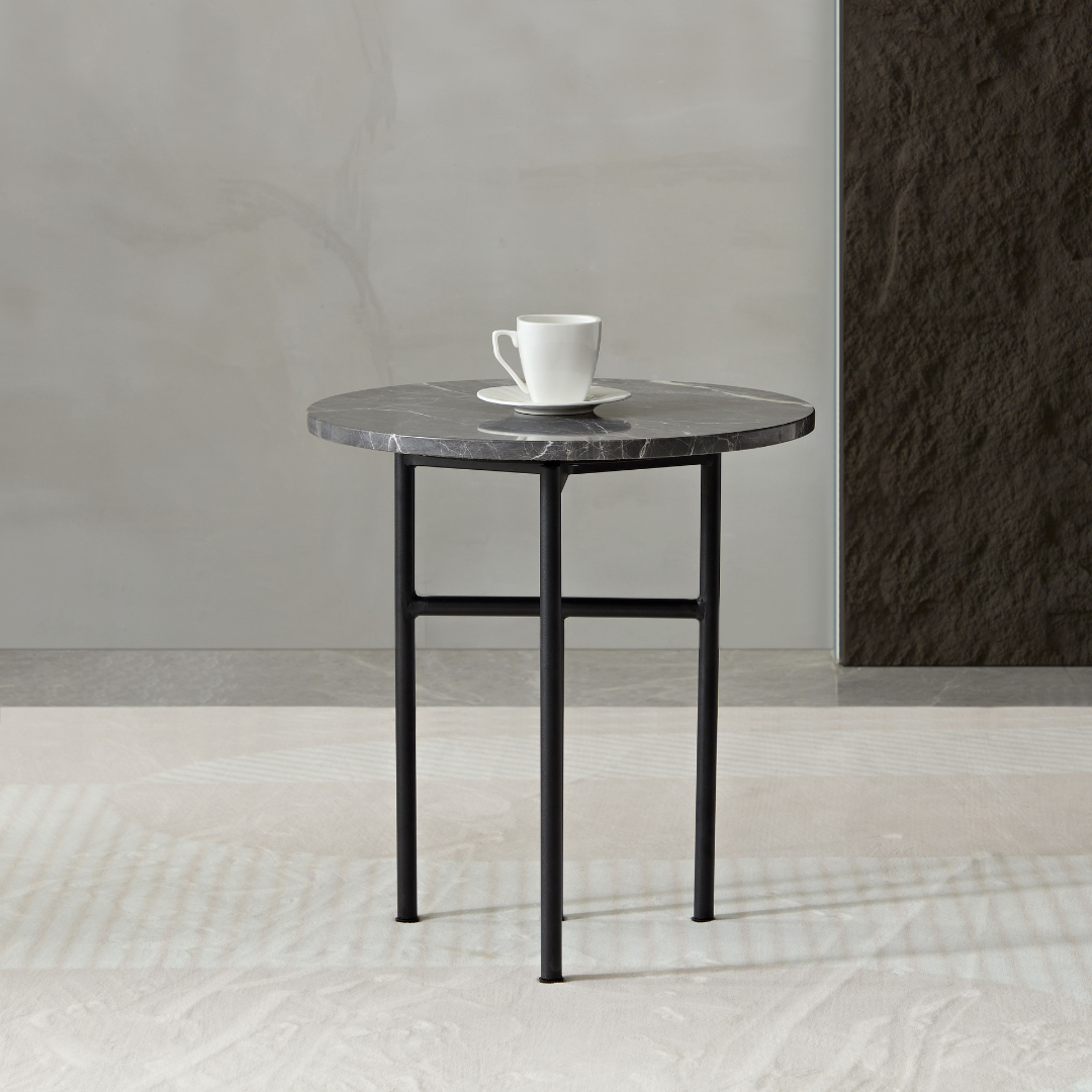 Verona Marble Coffee Table - Charcoal Roundon Front View in Room Setting