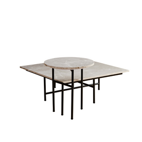 Verona Marble Coffee Table - Fossil Square and Verona Marble Side Table - Fossil Round Table in Side View on White Background