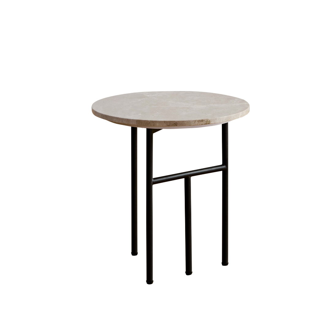 Verona Marble Side Table - Fossil Round Table with Coffee Cup in White Background
