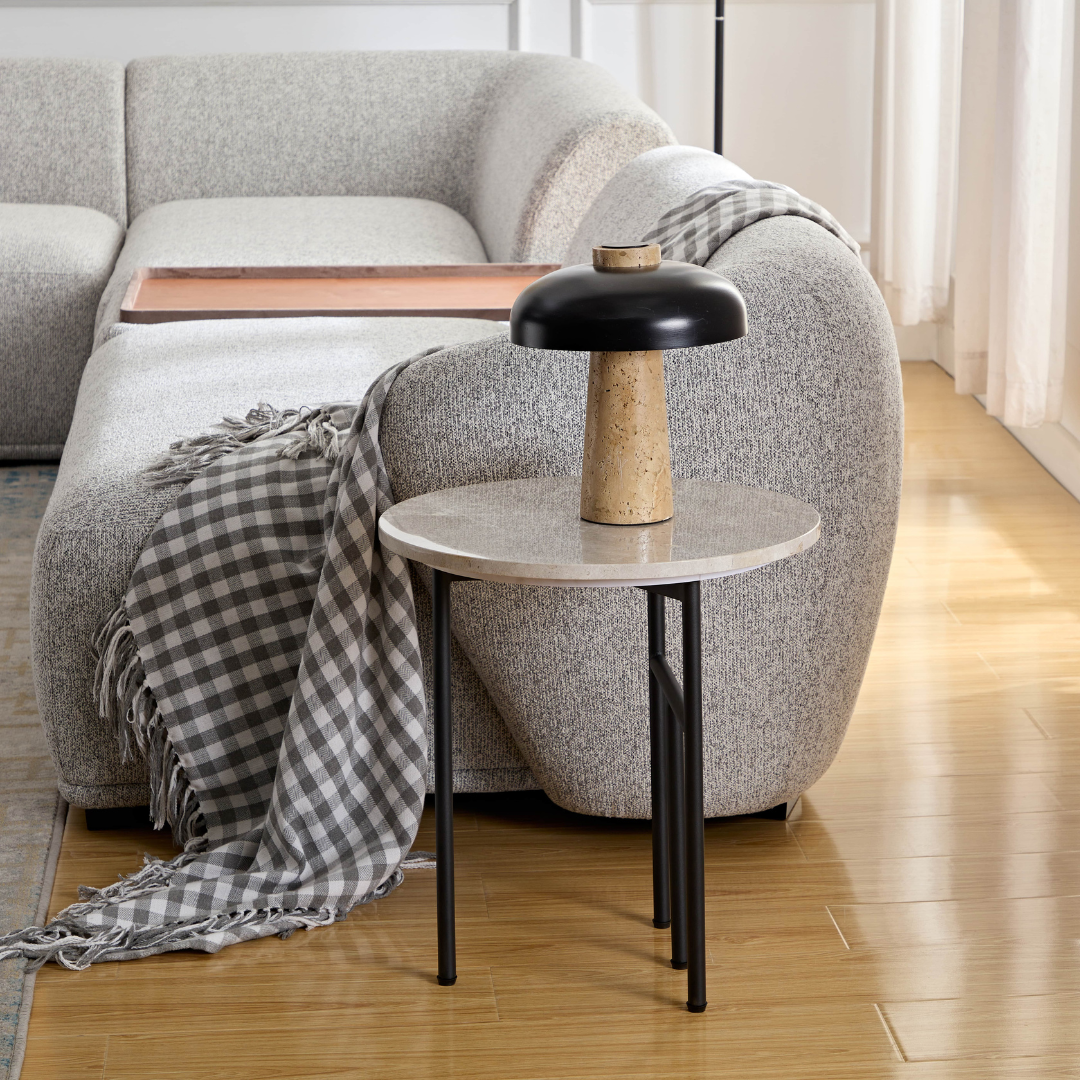 Verona Marble Side Table - Fossil Round Table with Sahara  Travertine in Room Setting